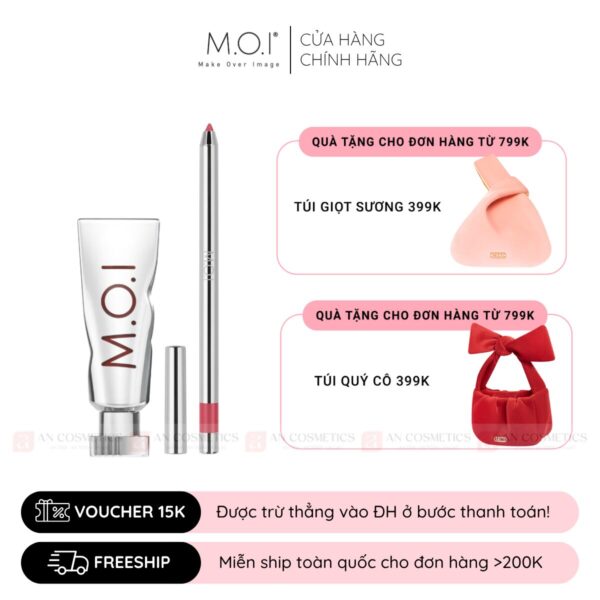 bộ đôi son dưỡng có màu jelly lipgloss m.o.i và chì kẻ viền môi m.o.i.