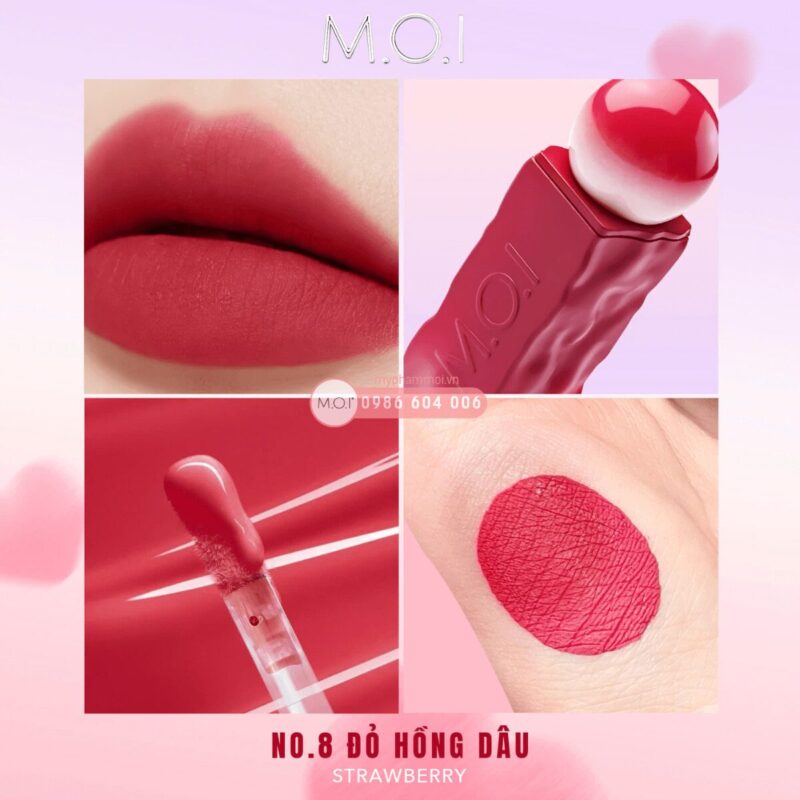 son tint lì cotton candy m.o.i hồ ngọc hà no.8 strawberry đỏ hồng dâu