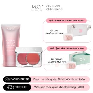 combo kem chống nắng nâng tone và má hồng kem m.o.i