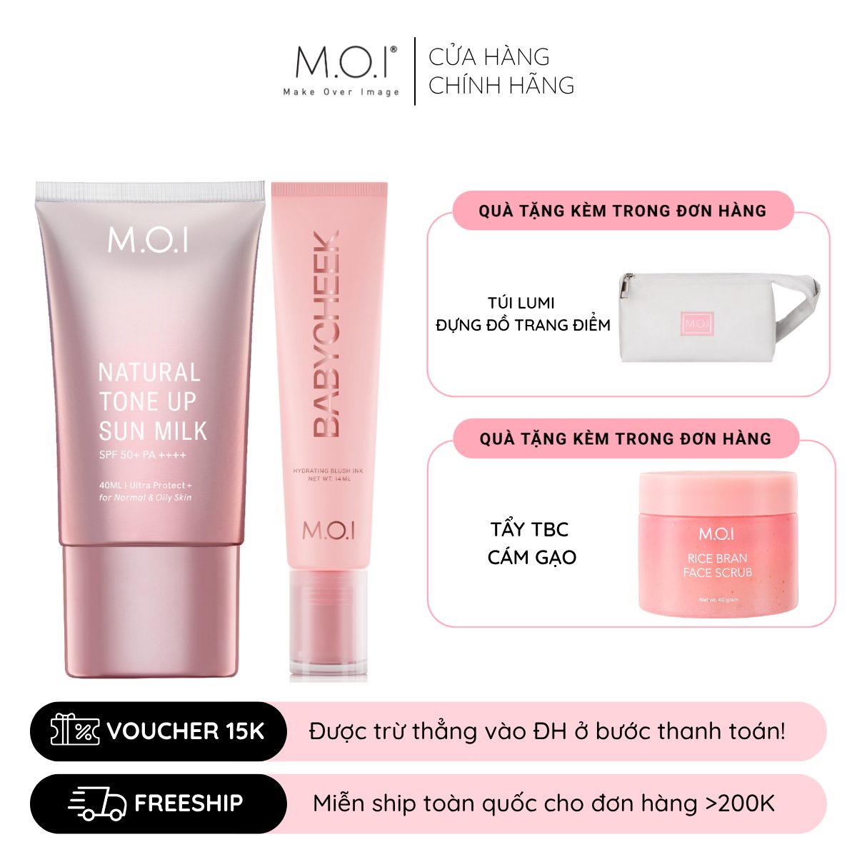 combo kem chống nắng thuần chay và má hồng sữa m.o.i png