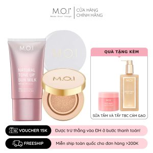 bộ 3 sản phẩm phấn nước m.o.i, phấn phủ m.o.i và kem chống nắng m.o.i cosmetics